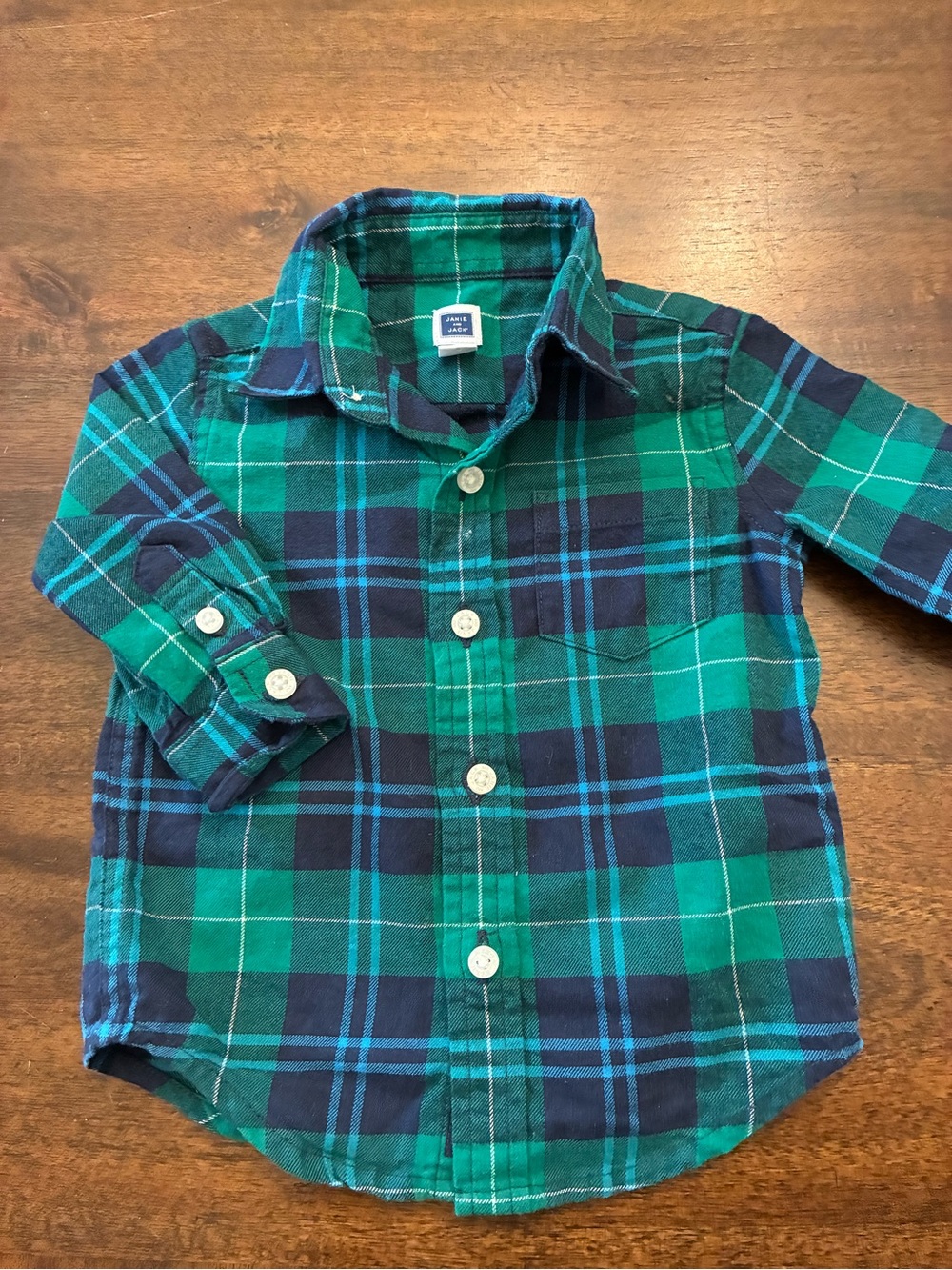 Janie and Jack Flannel Plaid Button Down Shirt Boys 3-6 Months Green Blue
